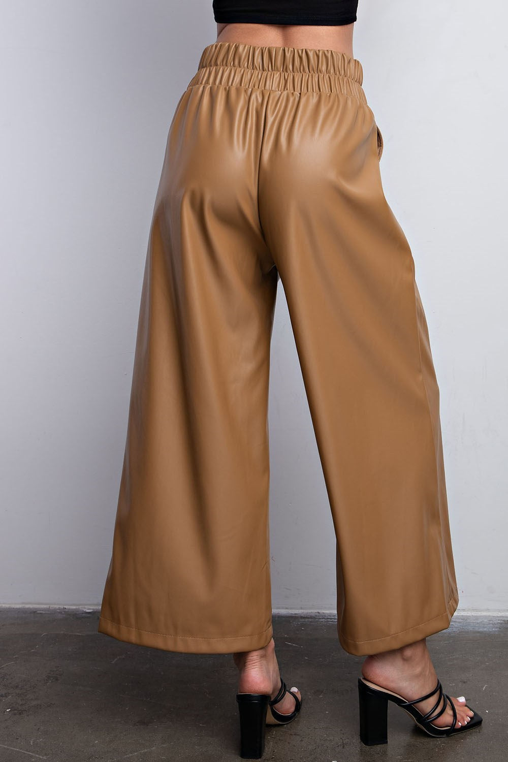 Taupe Elastic Waist Wide Leg Faux Leather Pants