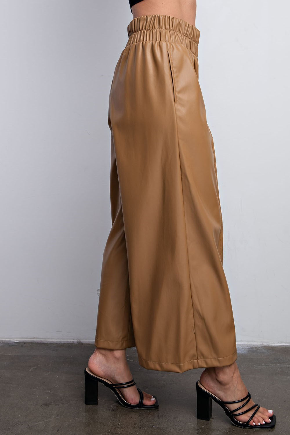 Taupe Elastic Waist Wide Leg Faux Leather Pants