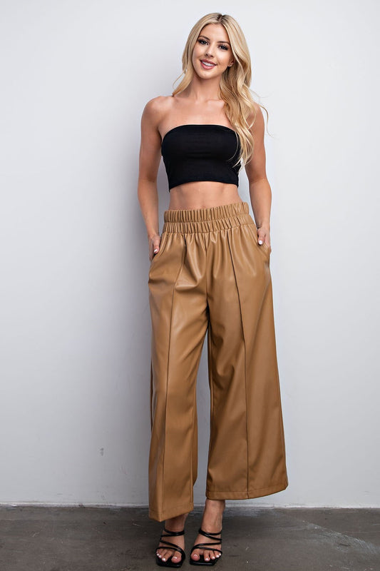 Taupe Elastic Waist Wide Leg Faux Leather Pants