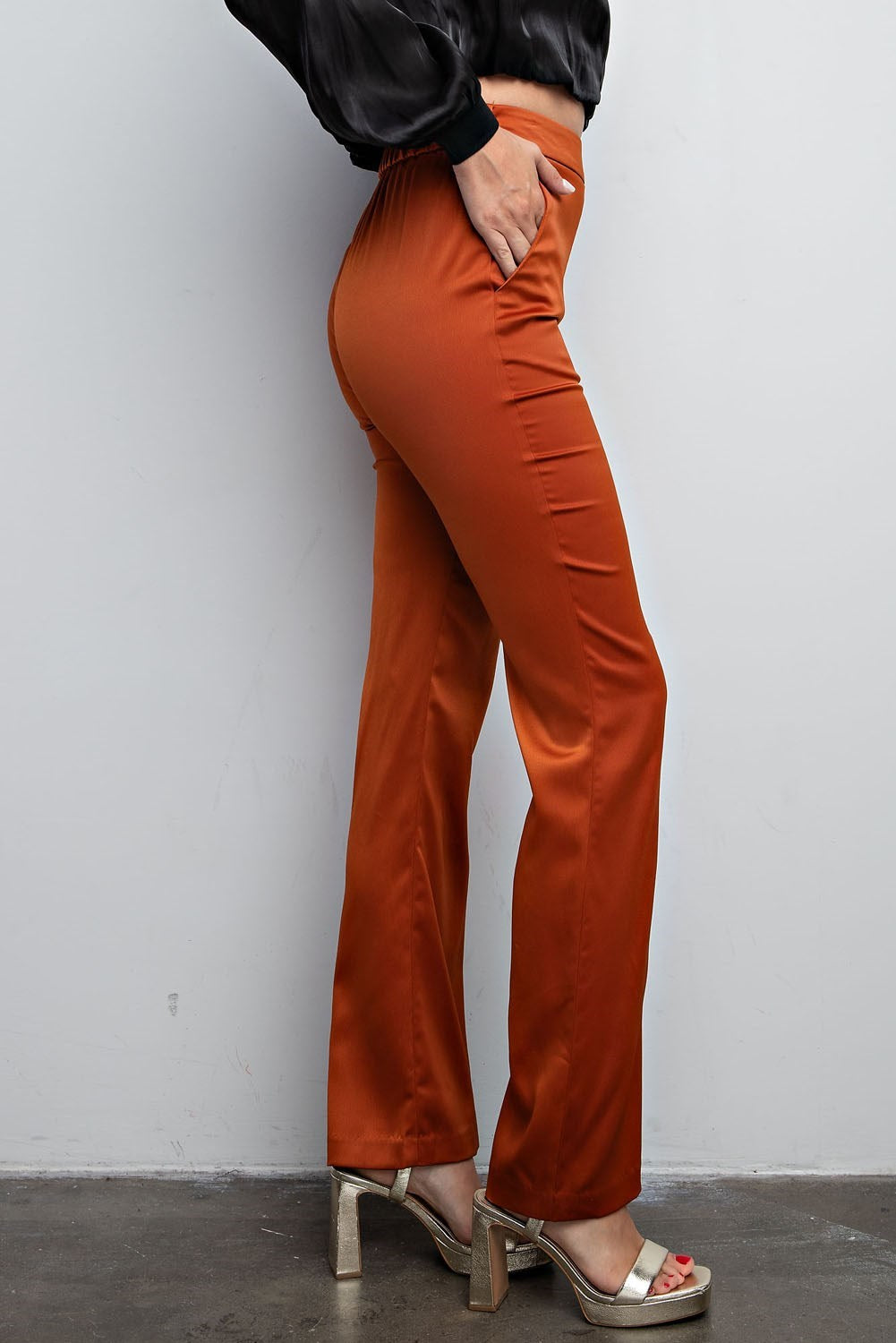 Pumpkin High Waist Flare Satin Pants