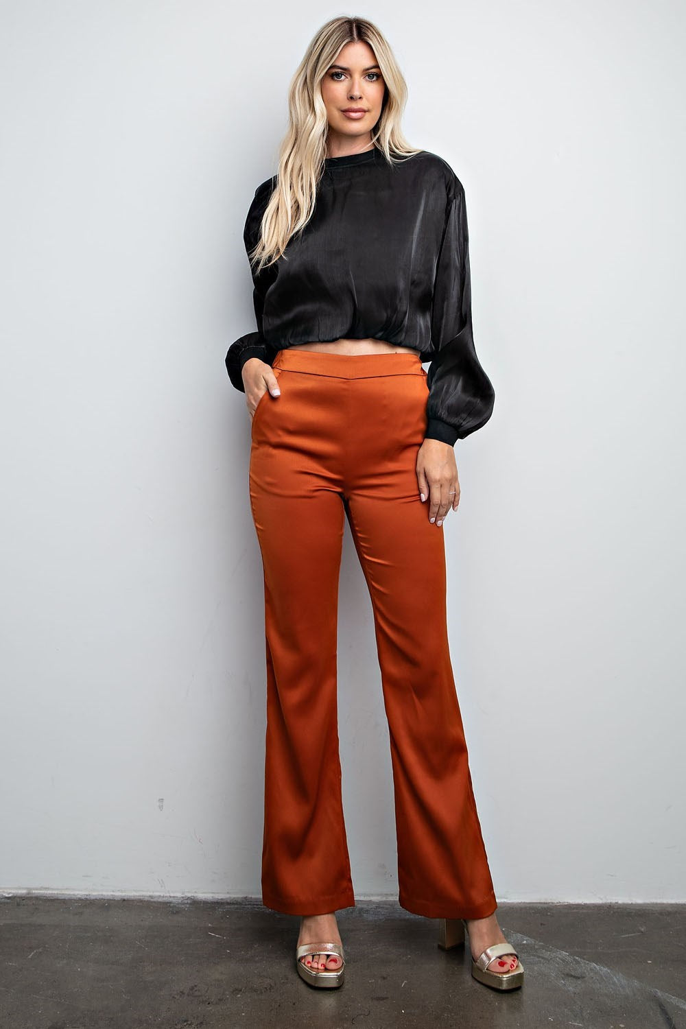 Pumpkin High Waist Flare Satin Pants